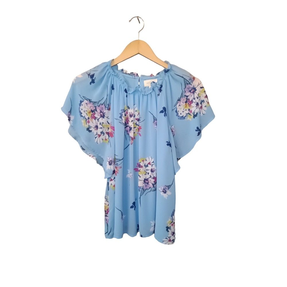 Melloday Blue Floral Flutter Sleeve‎ Ruffle Neck Top Women's Size L